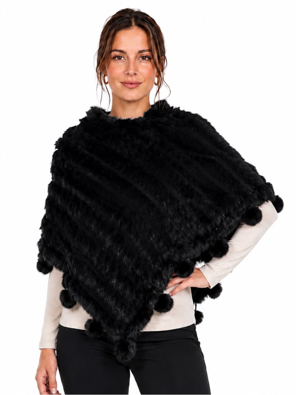 Genuine Rabbit Fur Poncho - Black - Elegant & Unique
